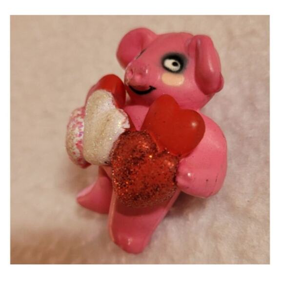 S Lehman 1984 Pink Pig Holding Hearts Glitter Brooch Pin Kawaii Twee Eclectic - Picture 3 of 8